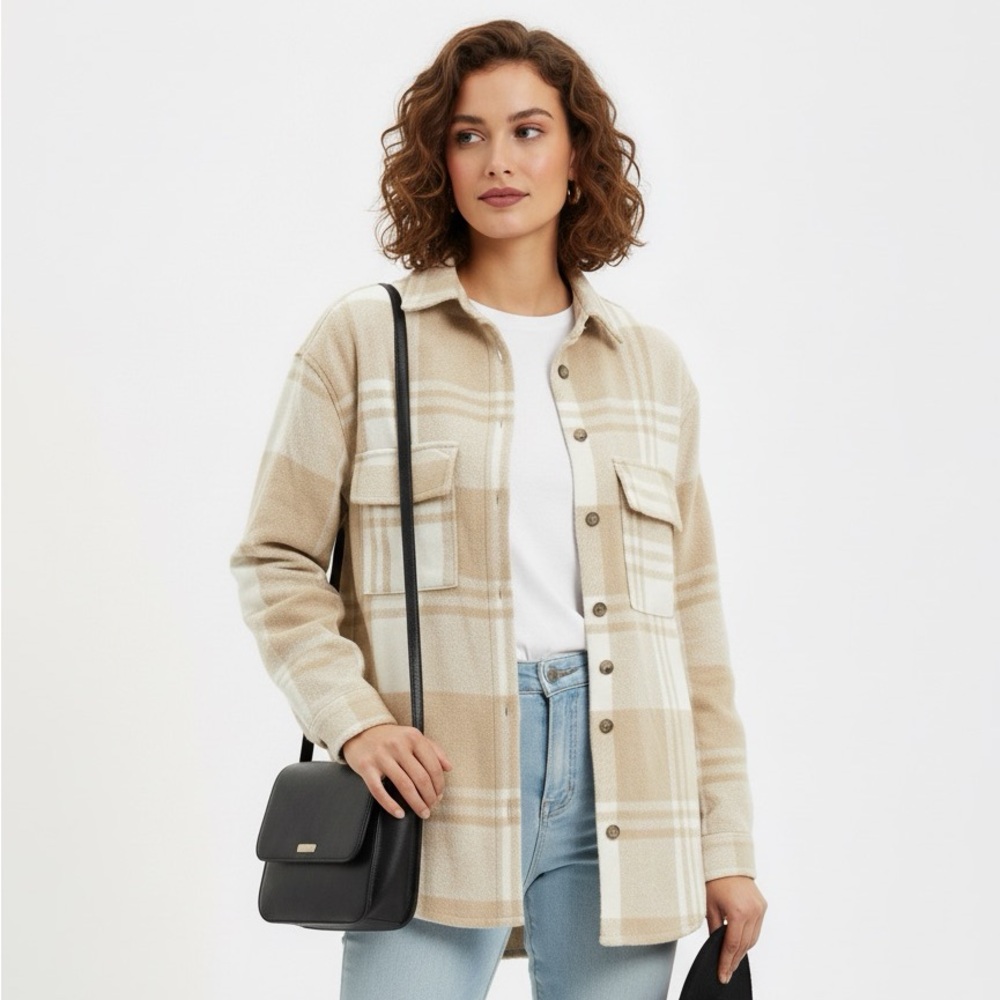 🆕 Ardene | Tan and White Plaid Checkered Flannel Shacket Jacket Chest Pockets